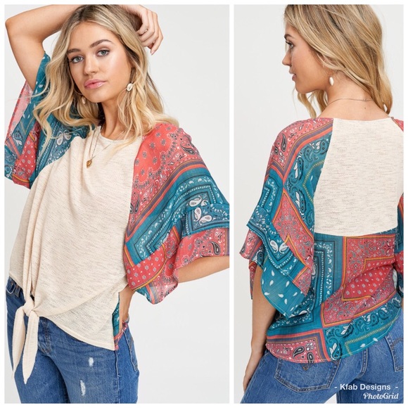 🛍LAST 1! Paisley Ruffled Sleeve Tie Front Top! - Picture 4 of 6